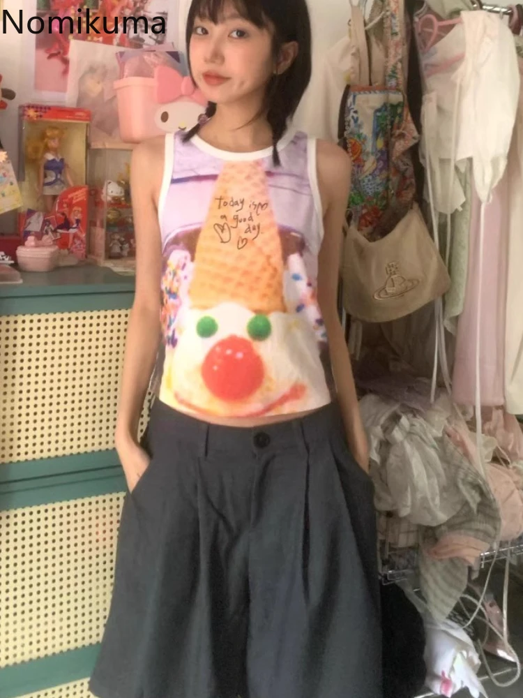 

Женская летняя одежда 2024, женские майки, женская одежда, Туника без рукавов, модный топ с милым принтом, японский жилет Y2k, кроп-топы для женщин