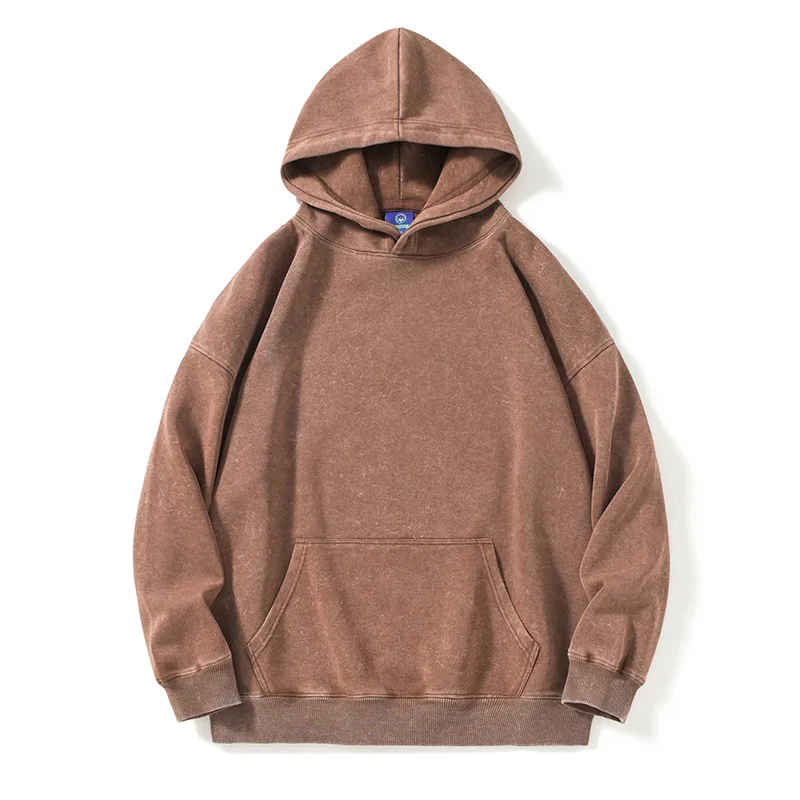 New Washed Retro Distressed Pure Cotton Hoodie for Men and Women, Solid Color Pullover, Fashionable Casual Hooded Sweatshirt 5