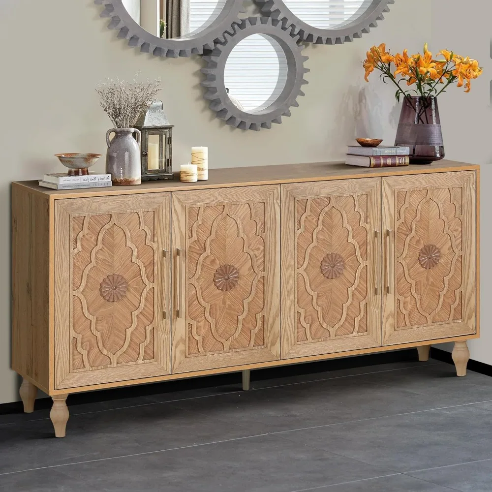 Farmhouse Sideboard Buffet Cabinet Accent Storage Cabinet with 4 Carved Flower Doors and Metal Handless, TV Stand Console Table 3