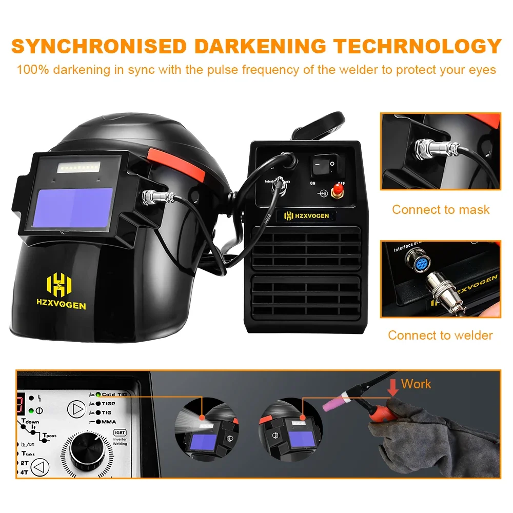HZXVOGEN Kalt-TIG-Schweißhelm mit LED-Licht für helleres Sichtfeld, Schutzlinse, True-Color-Funktion, schnell abdunkelnd, großes Sichtfeld, Helm für TIG200PRO, komfortabler Schweißerhut für Herren – Detail 11