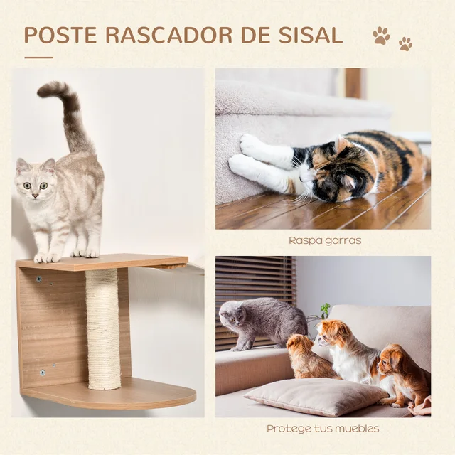 Estanterías Para Gatos PawHut Juego De De 4 Piezas Rascador De Pared Para Gatos Con 2 Postes De Sisal Plataforma Doble Con Escalera Suave Y 1 Plataforma Para Saltar Gris Claro Escalera Gatos Pared