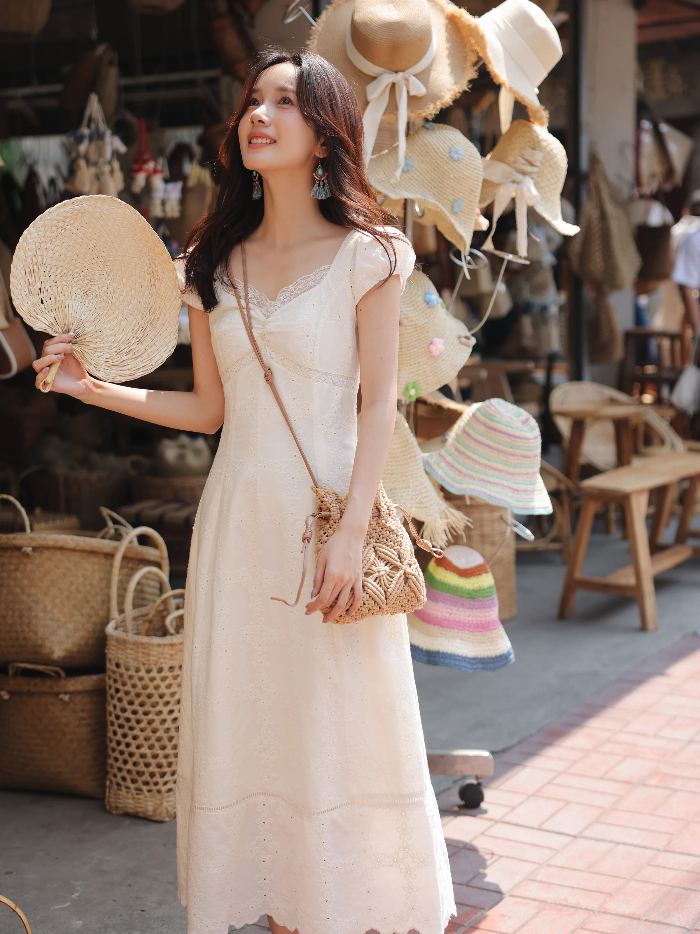 White Cotton Lace Dress Women Summer Puff Sleeve Slim Fit Midi Tea Dress  French A-Line Long Dress Petite Elegant Casual Outfits