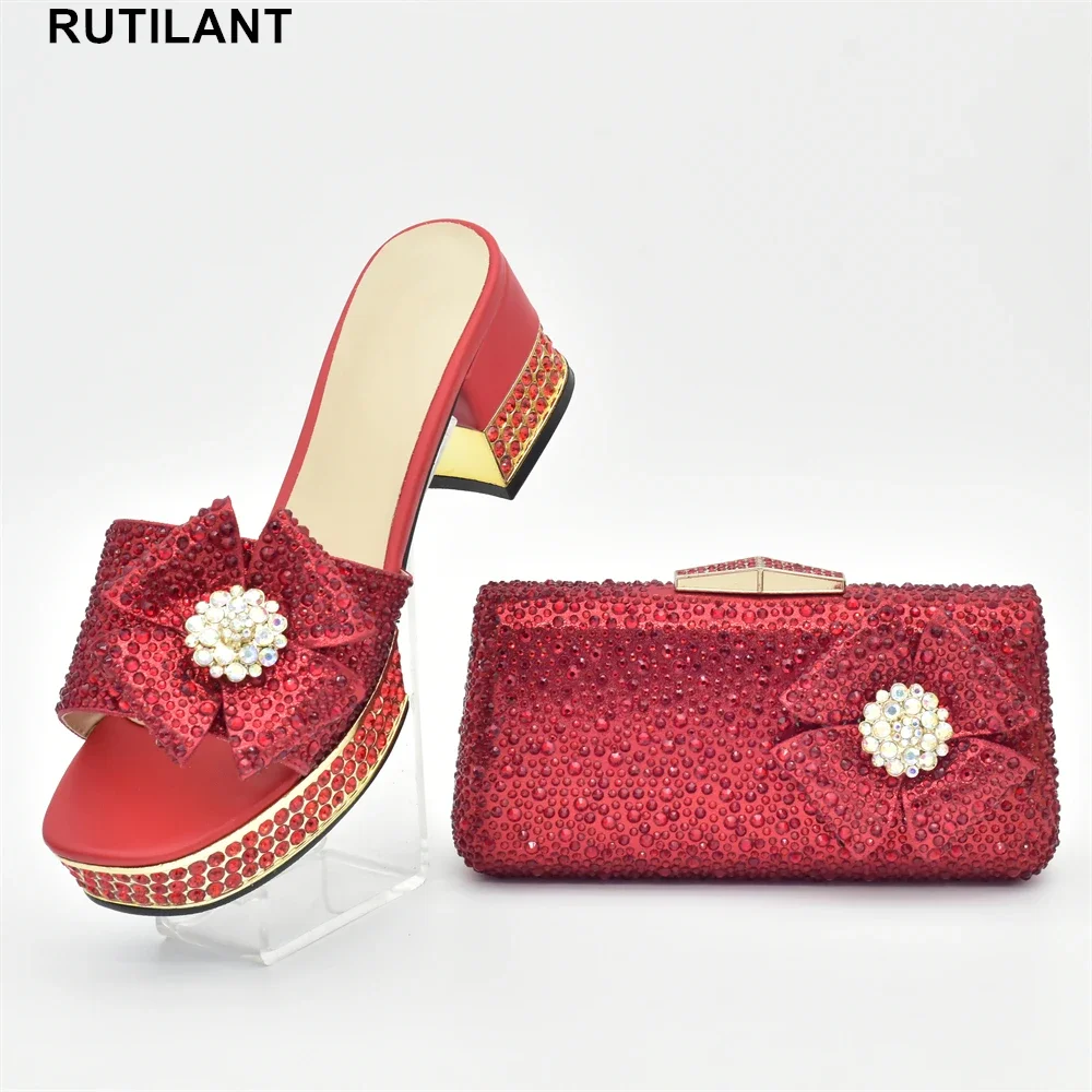 

Latest Design Italian Shoes with Matching Bags High Quality Nigerian Women Wedding Shoes and Bag Set Decorated with Rhinestone