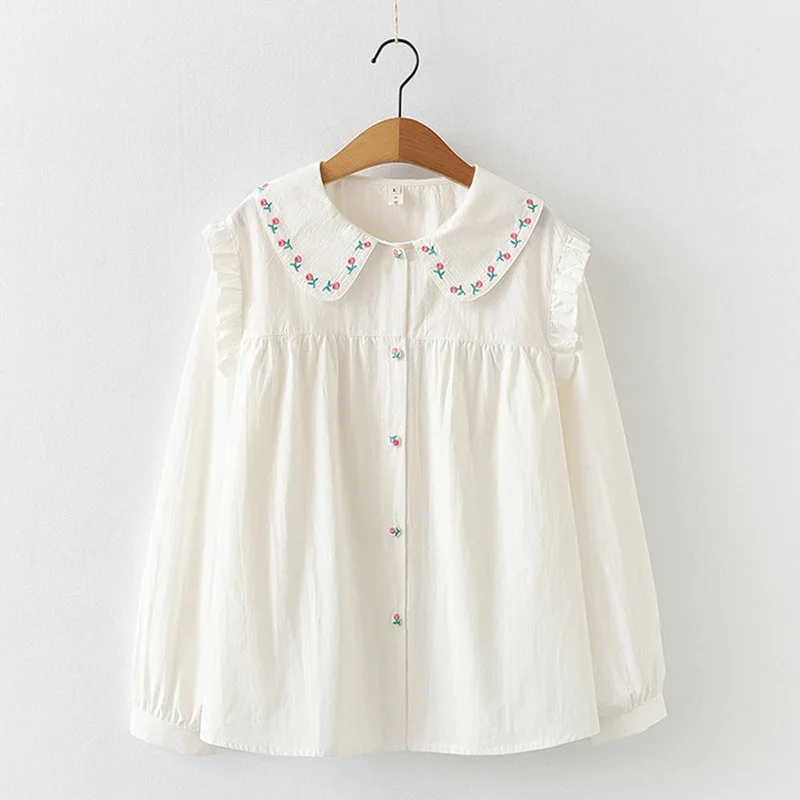 Spring Sweet Mori Girl Flower Embroidery Cotoon Shirt Women Peter Pan Collar Long Sleeve Casual Loose Female Blouse Tops