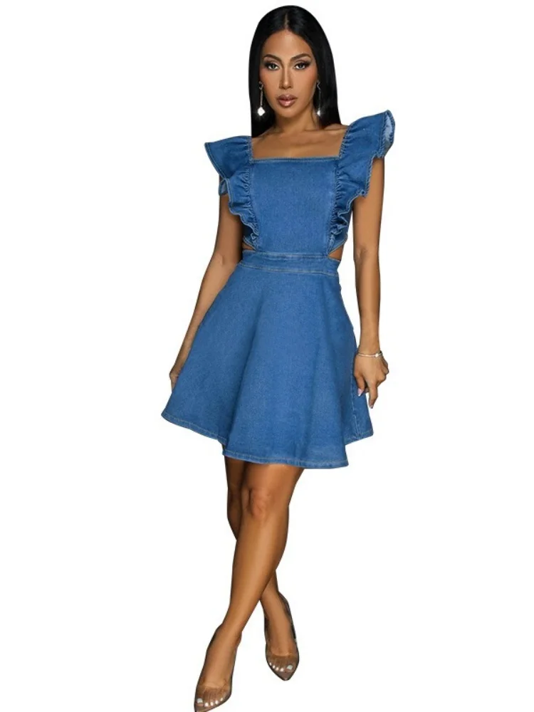 Wmstar Denim Dresses for Women  Wholesale Elegant Bodycon Sexy Zipper Back Hollow Out Side Fashion Streetwear Mini Dress 2025