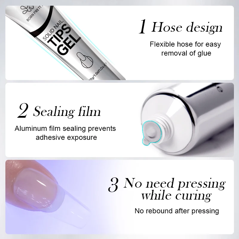 BORN PRETTY 30ml Solid Nail Tips Gel with 24Pcs Nail Tips Soak Off Long Lasting Fake Acrylic Nails Extension Nails Tips