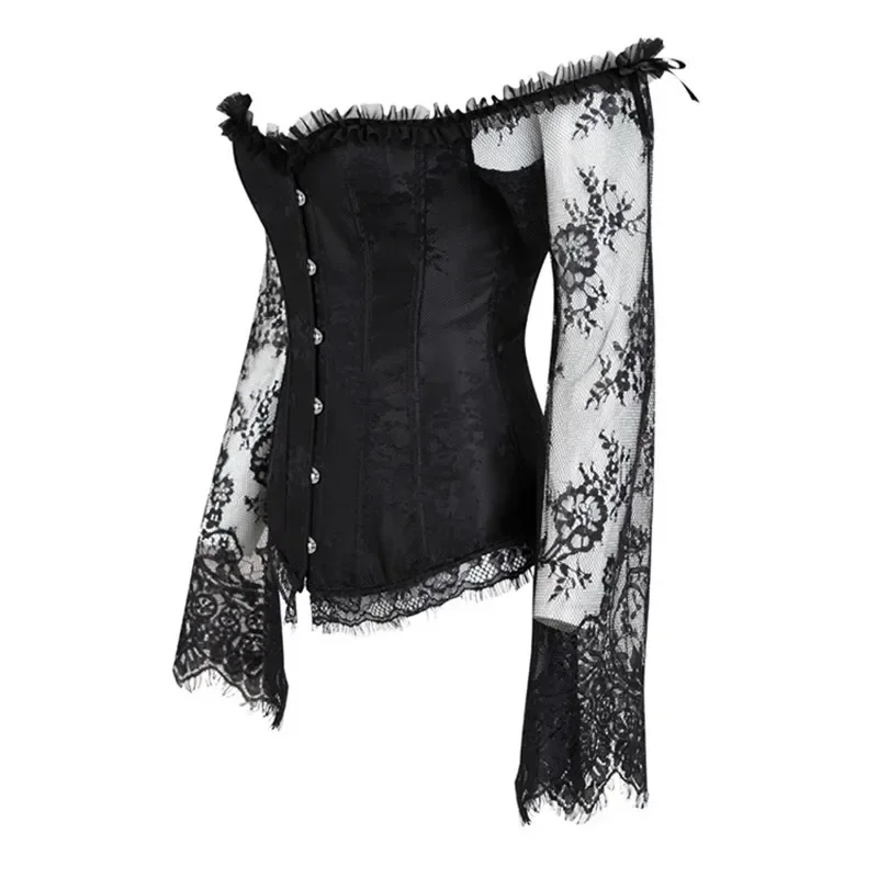 Vintage Victorian Corsets with Sleeves Lace-up Bustier Top Satin Women Sexy Overbust Corselet Body Shapewear