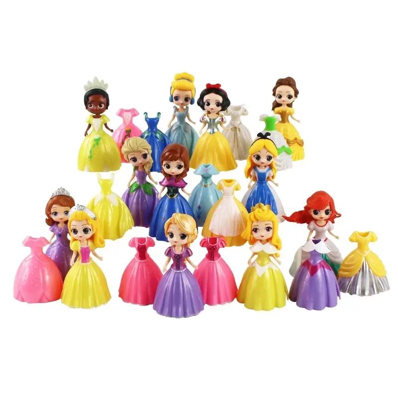 24pcs Princess Cinderella Belle Alice Snow White Ariel Rapunzel Pvc Action Figures Interchangeable Clothes Toys Dolls Gifts 2