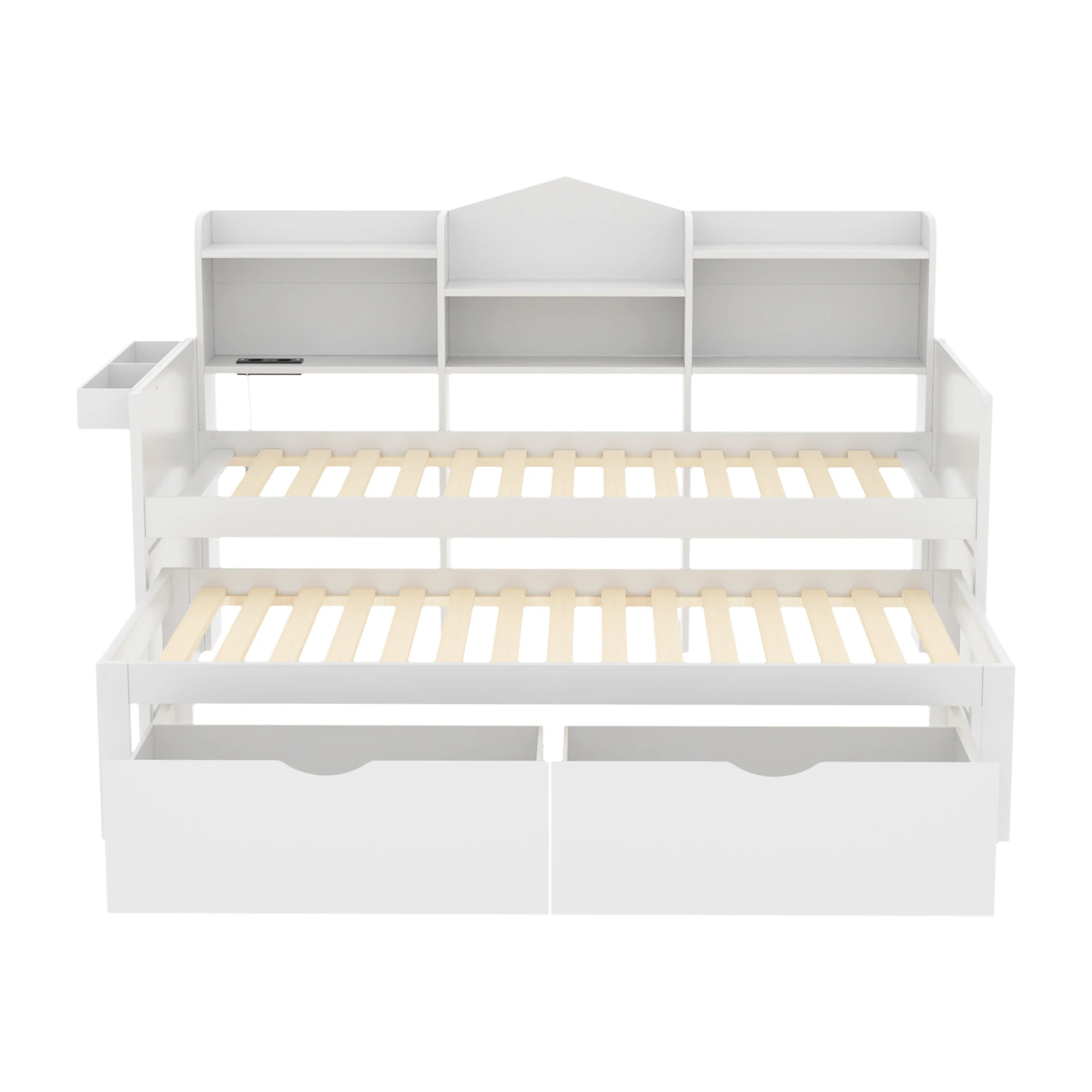 KOMHTOM Einzelholzbett Schlafsofa 90x200 mit Ausziehbett 90x190 zwei Schubladen großem Staufach Ablagekorb und USB Steckdose – Detail 5