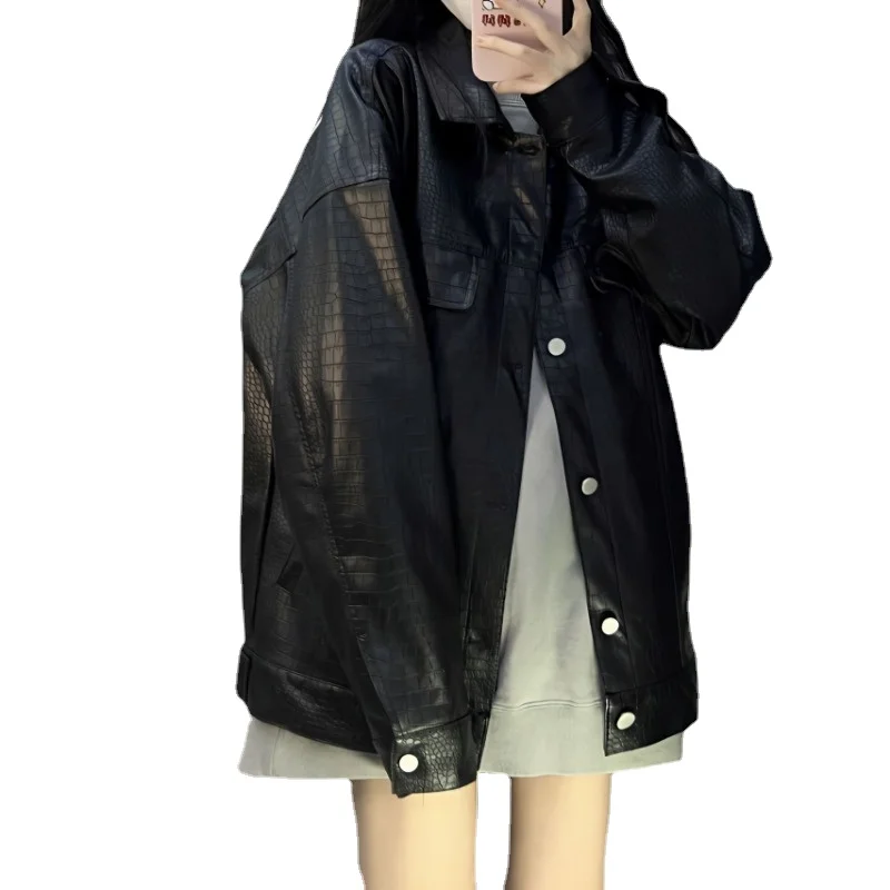 DAYIFUN Oversized Loose Jackets Women Spring Autumn New Leather Long Sleeve Coats Female Embroidered Design Jacket Couples Tops
