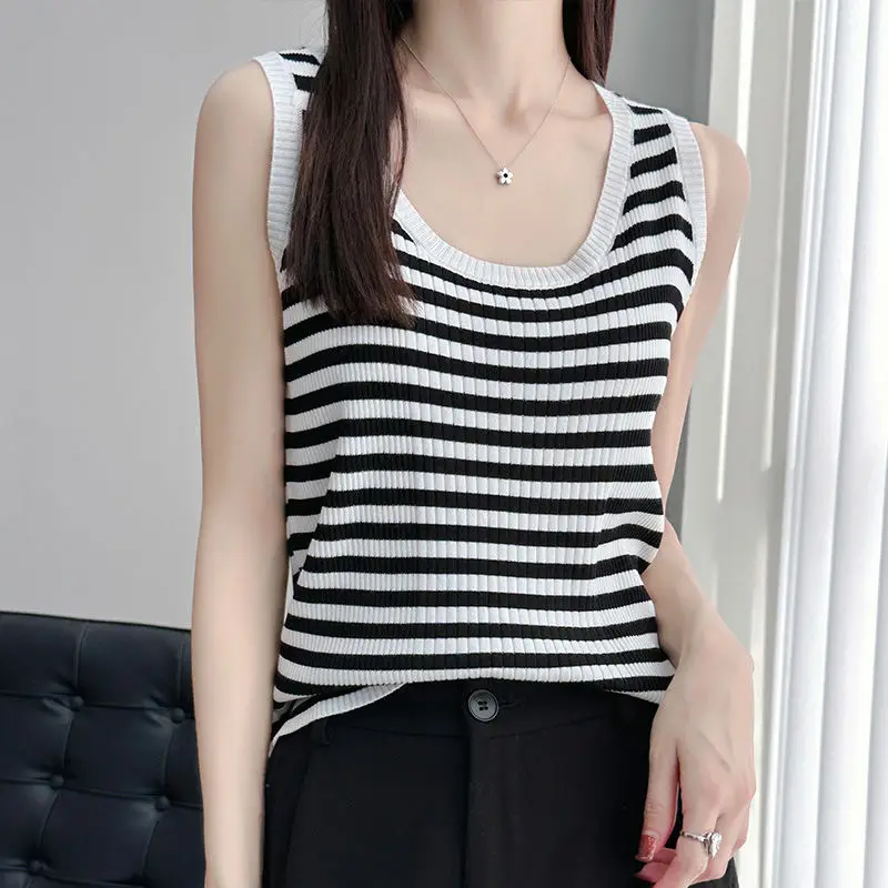 

Women 2024 Summer Fashion Ice Silk Knitted Vest Female Loose Sleeveless Bottoming Tops Ladies O-neck Striped Tanks Tops H18