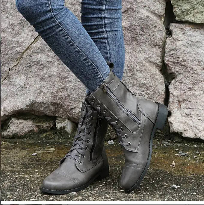 New Platform Shoes Women Boots Round Toe Zipper Spring Autumn Fashion Ankle Female Flat  boots for ladies Black Boots Large size