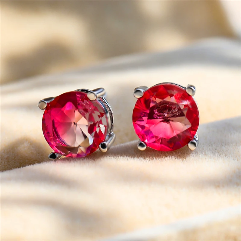 Luxury Female Crystal Rainbow Zircon Stone Round Stud Earrings Vintage Silver Color Wedding Fashion Jewelry For Women