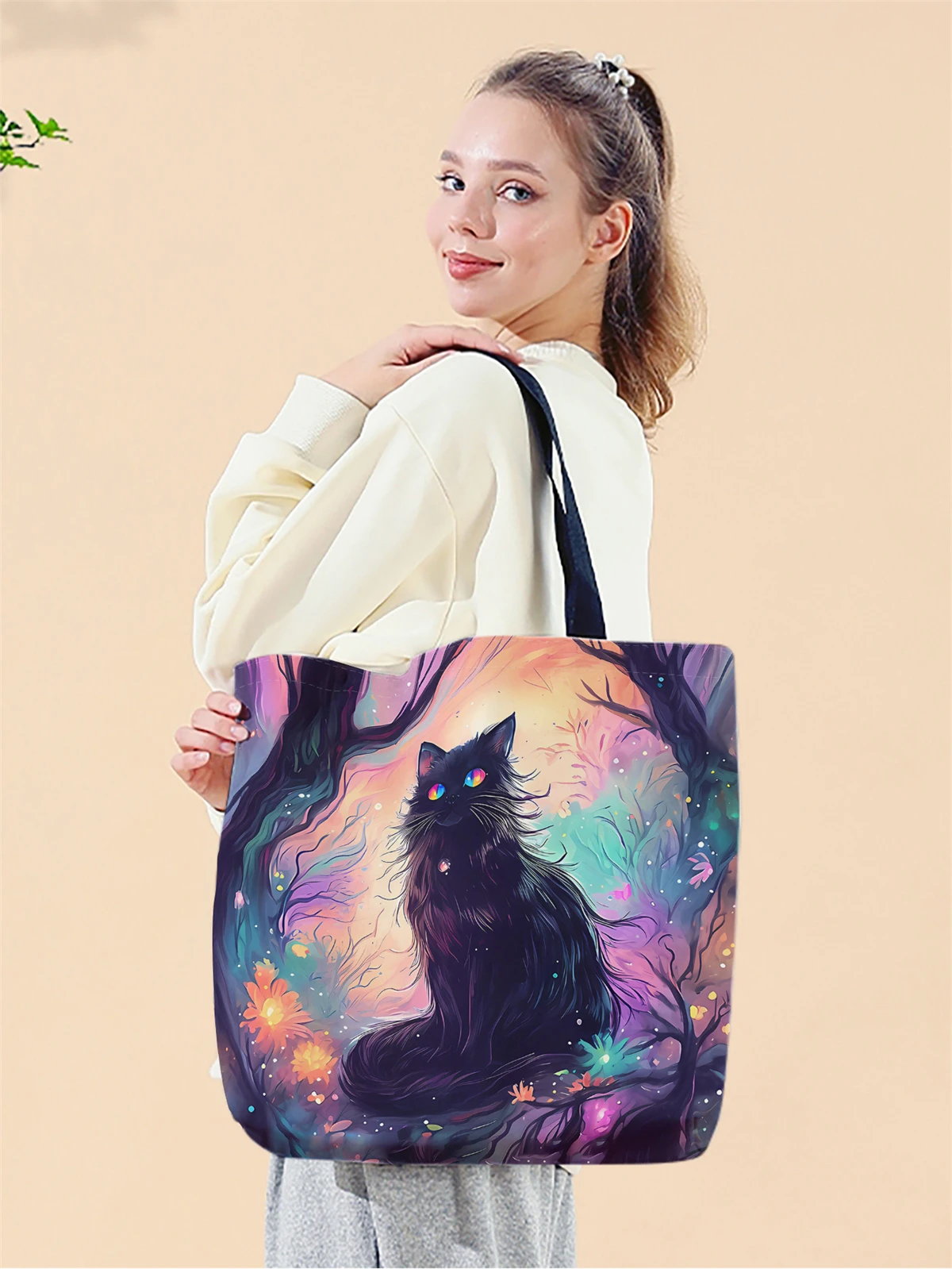 1pc,Black Forest cat handbag, reusable fashionable handbag, multifunctional handbag, printed canvas shopping bag