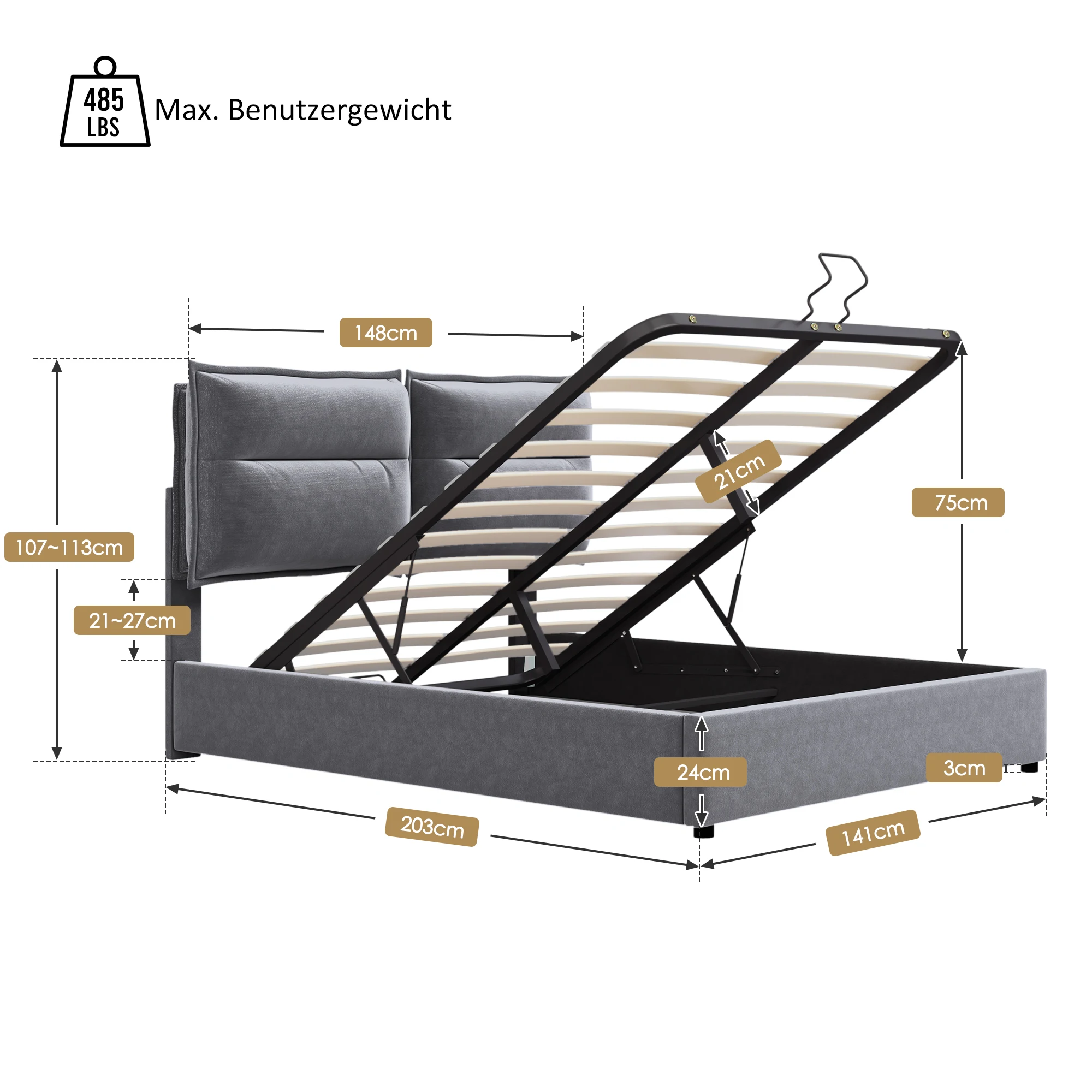 KOMHTOM Hydraulisch Polsterbett Doppelbett 140x200 cm, Verstellbares Kopfteil, mit großem Stauraum, Samtbezug, ohne Matratze – Detail 11