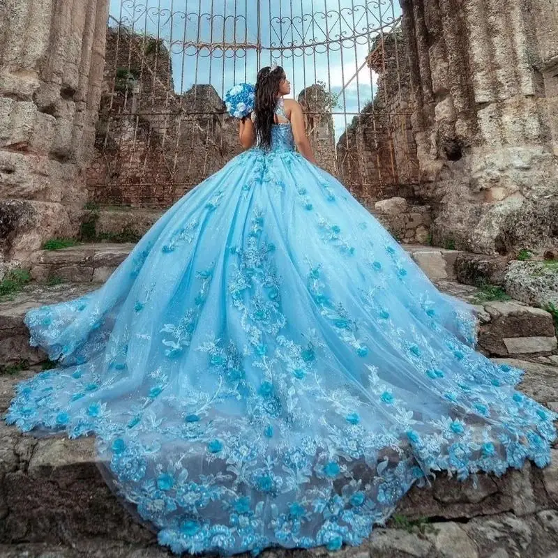 

Glitter Blue Quinceanera Dress Ball Gown 3D Floral Applique Beading Mexico Corset Sweet 16 Vestidos De 15 Anos