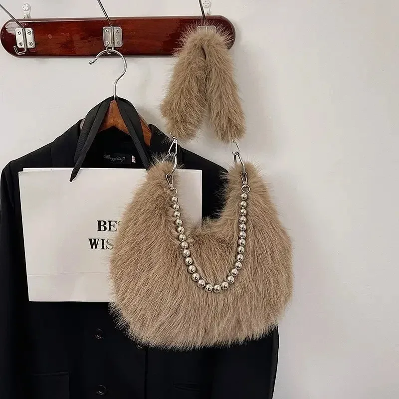 New Winter Furry Tote Bags Fashion Plush Underarm Bag Chain Single Handbag Shoulder Bag Fox Fur Crossbody Bag for Women Daily