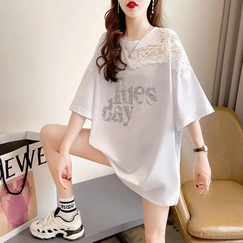 Casual Lace Patchwork Pullovers Stylish Letter Diamonds 2024 Summer Korean Loose Women's Clothing All-match Half Sleeve T-shirt