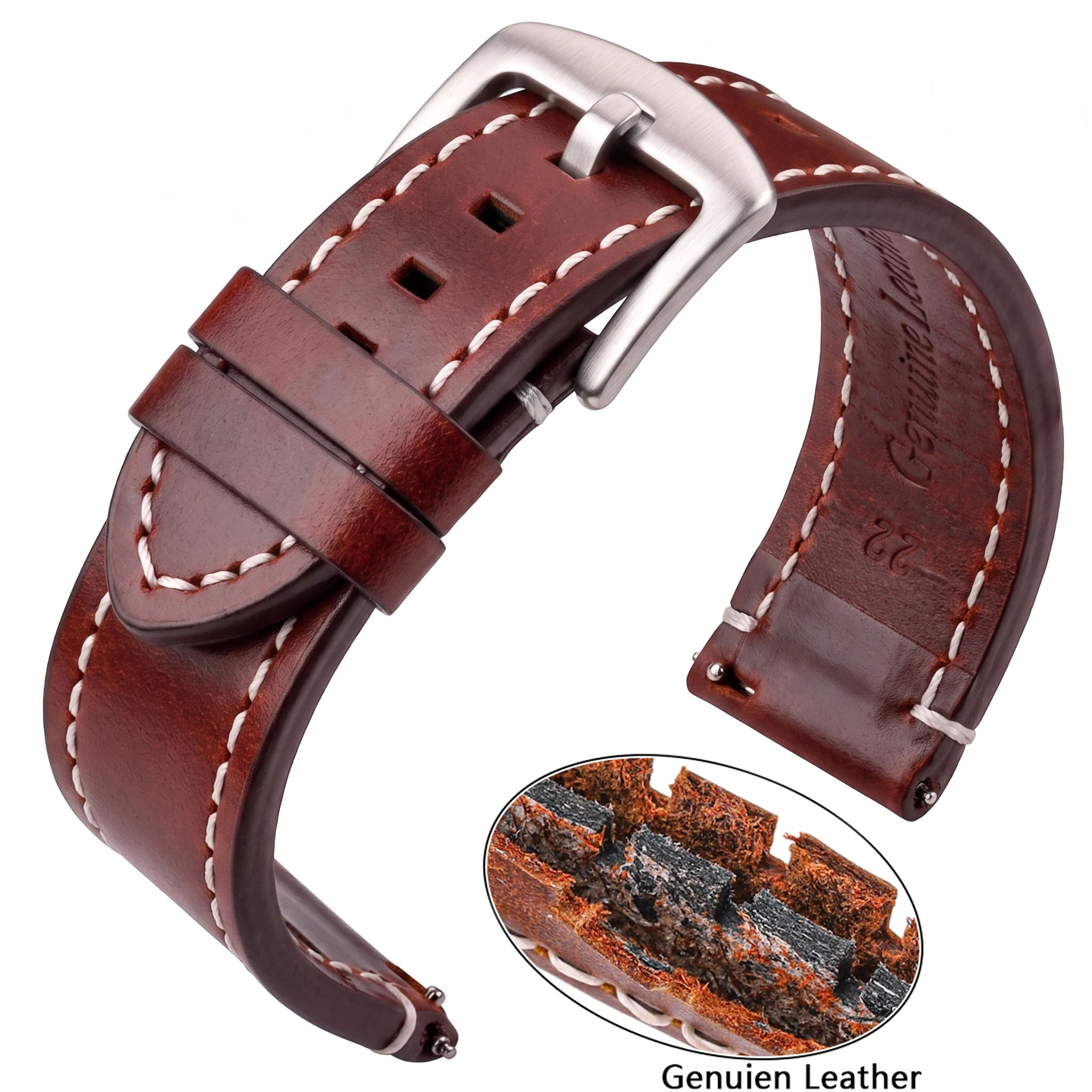 Vintage Genuine Leather Watch Band with Quick Release - Handmade Oil Wax Discoloration Casual Strap