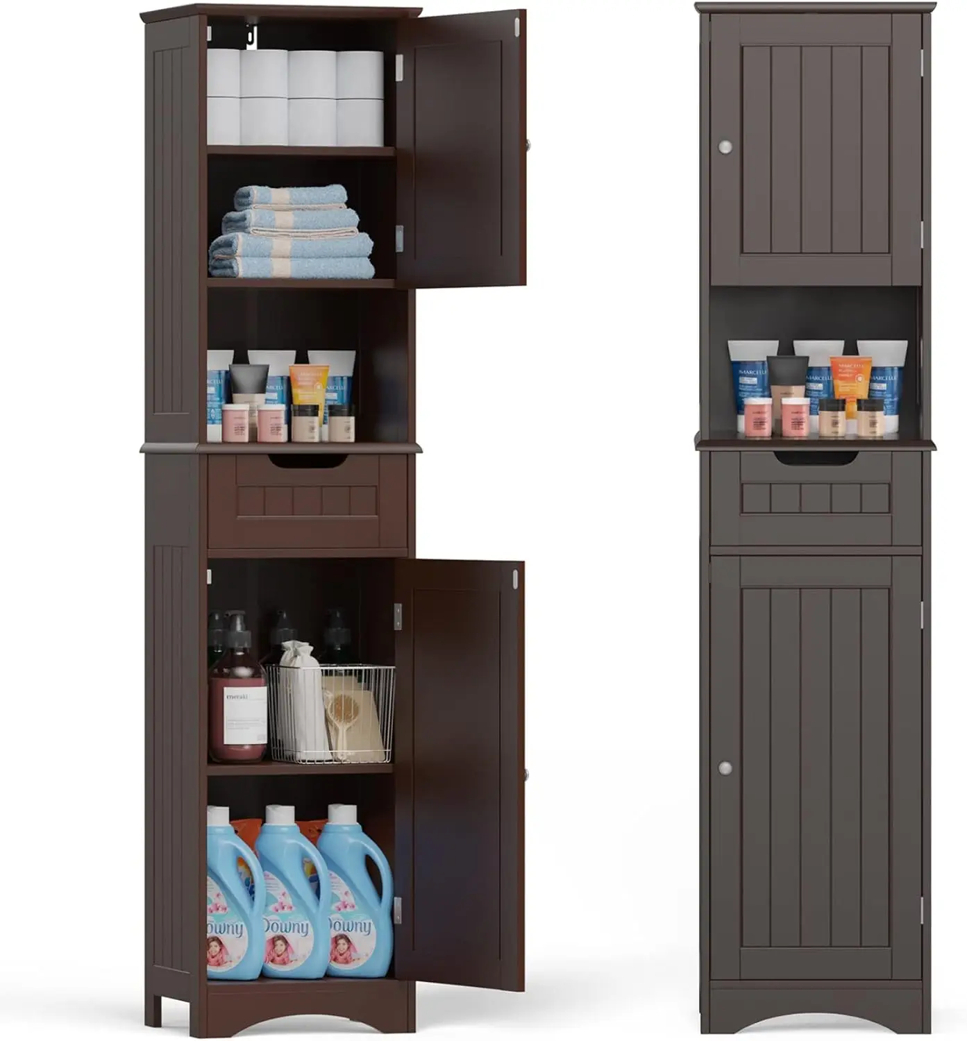 

67" H Tall Bathroom Storage Cabinet w/ 2 Doors & 1 Drawer, Narrow Linen Tower Freestanding w/Adjustable Shelves for Home