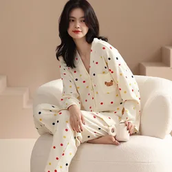 Cotton Pajamas Set Women's Spring and Autumn Long Sleeved Cardigan Wave Point V-neck Button Loose and Comfortable Home Clothes