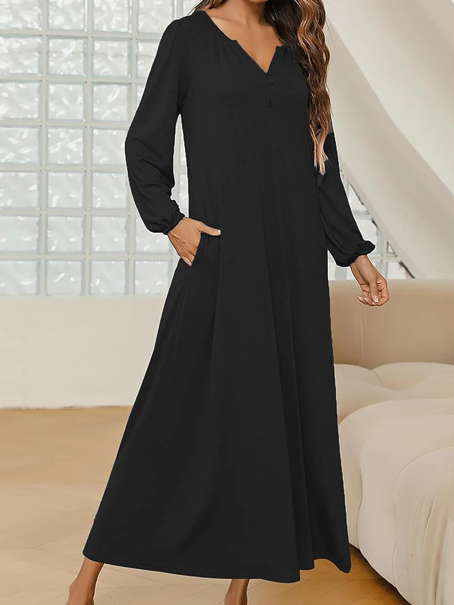 

Women s Long Nightgown Long Sleeve Sleepshirts Oversized Henley Sleep Dress with Pockets Loungewear