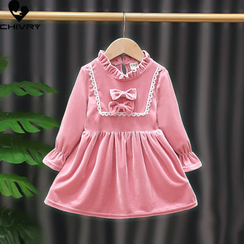 

Spring Autumn Cute Girls Dresses 2022 Kids Baby Girls Long Sleeve O-Neck Bowknow Velvet A-line Dress Fashion Princess Dresses