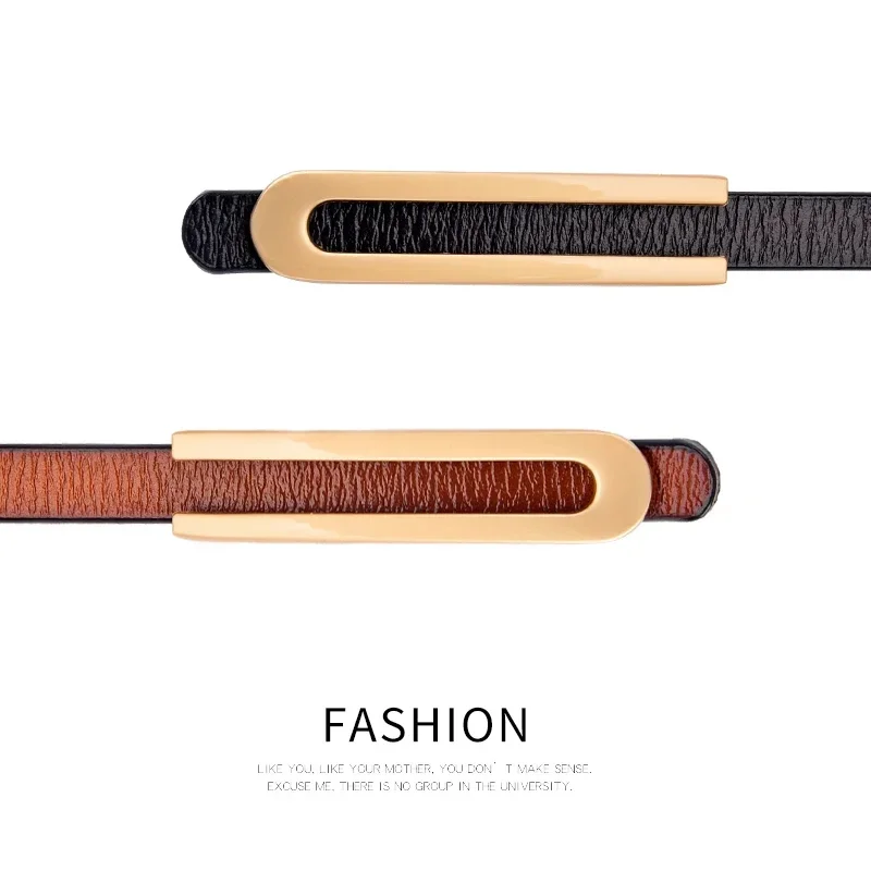 Ladies Waist Belts Cowhide Leather Thin Belt U Shaped Smooth Buckle Dresses