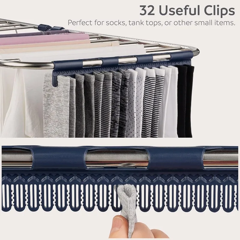 Clothes Drying Rack Foldable - 2 Level Stainless Steel Laundry Drying Rack with Height-Adjustable Wings, 33 Drying Rails 6