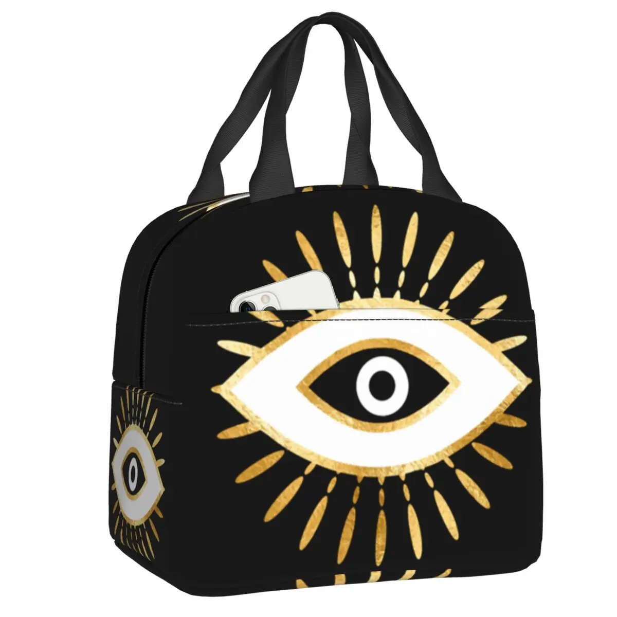 

Gold Foil Evil Eye Black Art Lunch Boxes Women Waterproof Mystic Spiritual Cooler Thermal Food Insulated Lunch Bag Office Work