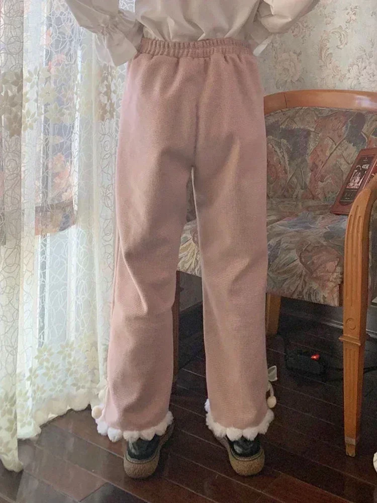 HOUZHOU Japanese Kawaii Pants Women Wide Leg Cute Sweatpants Sweet Harajuku Lolita Vintage Baggy White Trousers with Bow Winter