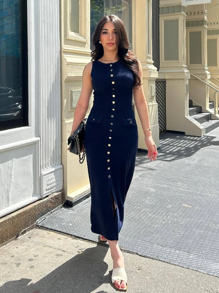 Elegant Sleeveless Buttoned Maxi Dress for Women Fashion O