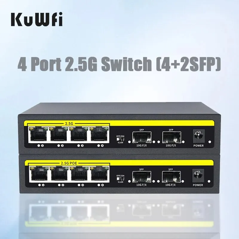 KuWFi 4 Port 2.5G Ethernet Switch Fast Switch High Power POE Network Switch with 2*10G SFP Port for IP Camera/CCTV Security