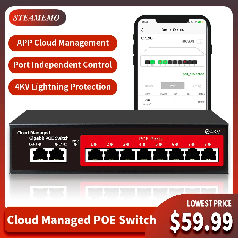 Switch Poe Alimentado por Nuvem 48v Área de Trabalho Ativa 100 Mbps 1000mbps Sfp Interruptor de Controle App Pulg e Play