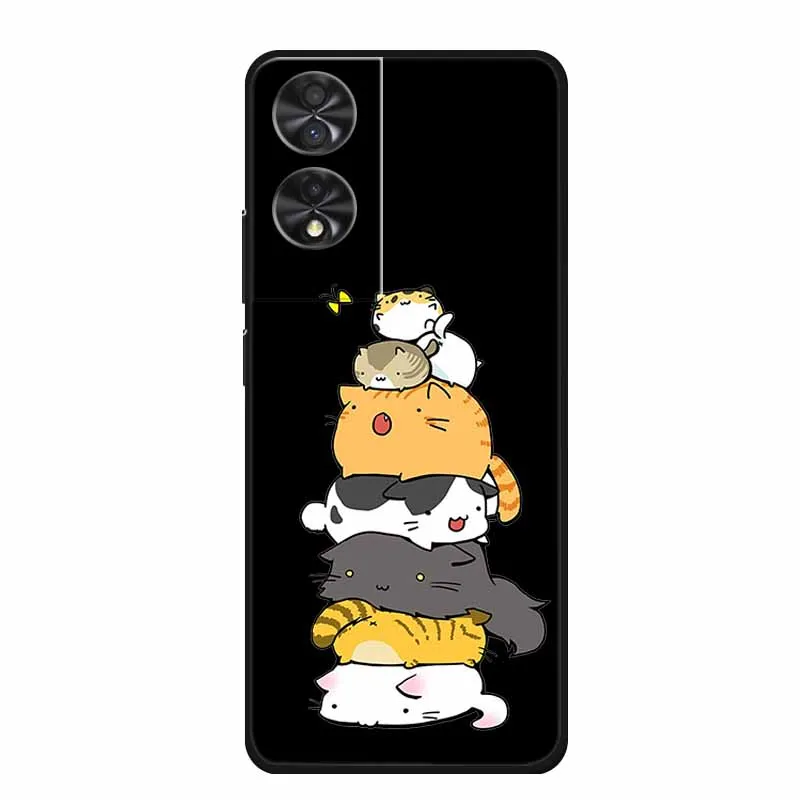 Black Silicone Phone Case with Cartoon Cat Design - Soft Back Cover