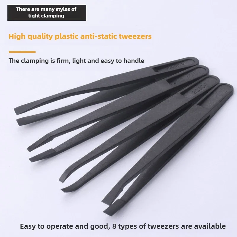 8pcs/set Portable Black Straight Bend Anti-static Plastic Tweezer Heat Resistant Repair Tool