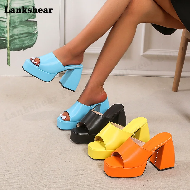 

2022 Summer Thick Sole Chunky Heel Slippers Women Square Open Toe Platform Shoes Female Luxury Brand Party Shoes