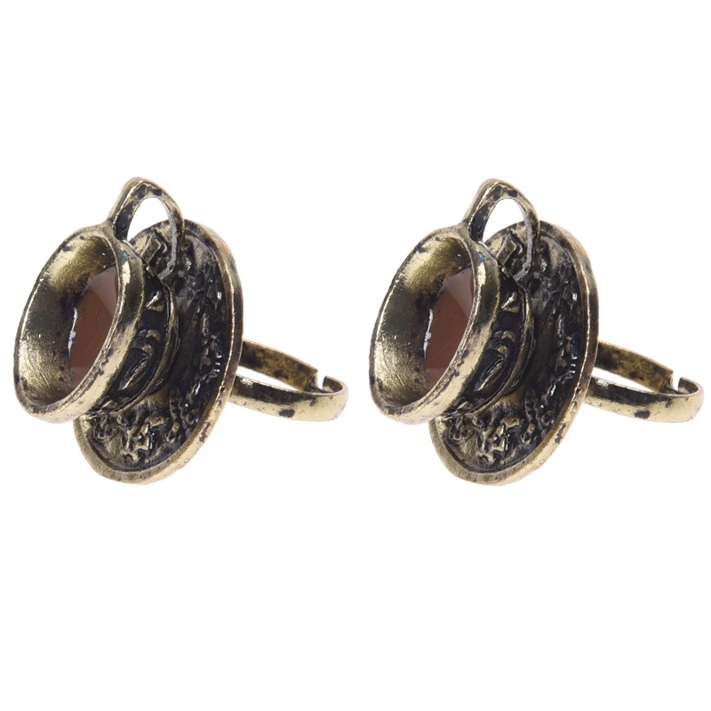 

2X Metal Retro Coffee Tea Cup Finger Ring Adjustable Fashion