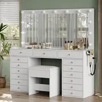 55" W Vanity Desk, Makeup Vanity with Charging Station, 15 Drawers with Lighted Mirror, 3 Lighting Modes, Brightness 2