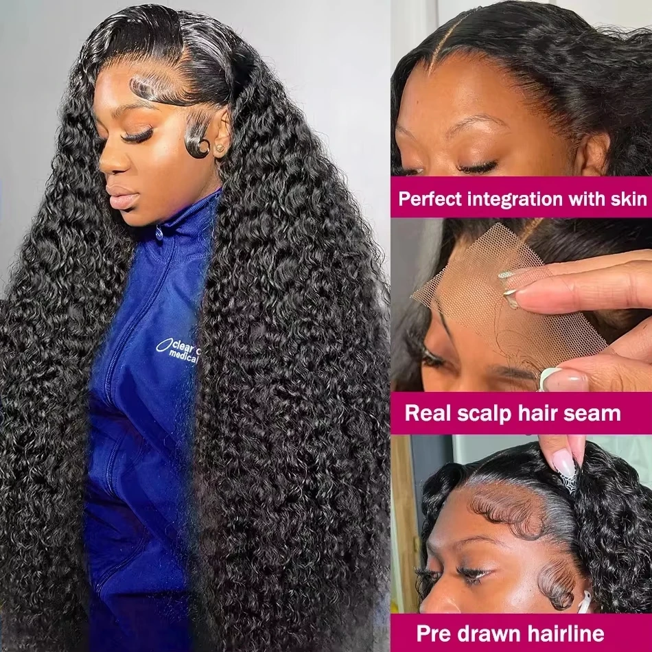 Luvin 40 Inch Deep Wave 13x6 HD Transparent Lace Frontal Human Hair Wigs 220 Density Remy 13x4 Water Curly Front Wig For Women 3