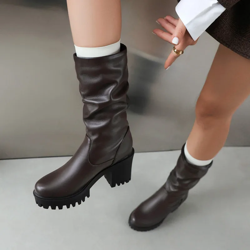 Waterproof Platform Ultra High Thick Heel Slip-On Women's Elastic Boots Soft Top PU Material Autumn New Mid-Calf Boots