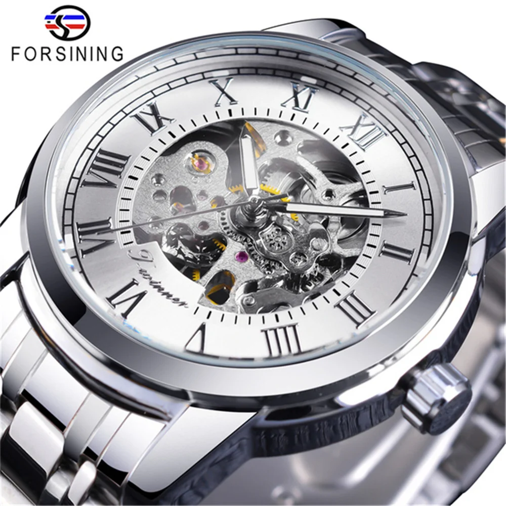 Fashion Forsining Luxury Top Brand Hot Sale Skeleton Hollow Full Stainless Steel Mechanical Hand Wind Men Business Watch Relogio