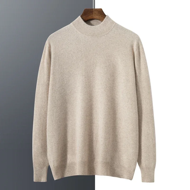 Spring and Autumn New 100% Pure Cashmere Sweater Men's Double Layered Half High Collar Pullover Youth Knitted Seamless Sweater 2