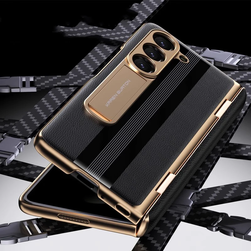 For Samsung Galaxy Z Fold 5 Fold 6 Case Hinge Magnetic Plating Genuine Leather Cases Fold 4 3 360 Full Protector Kickstand Cover