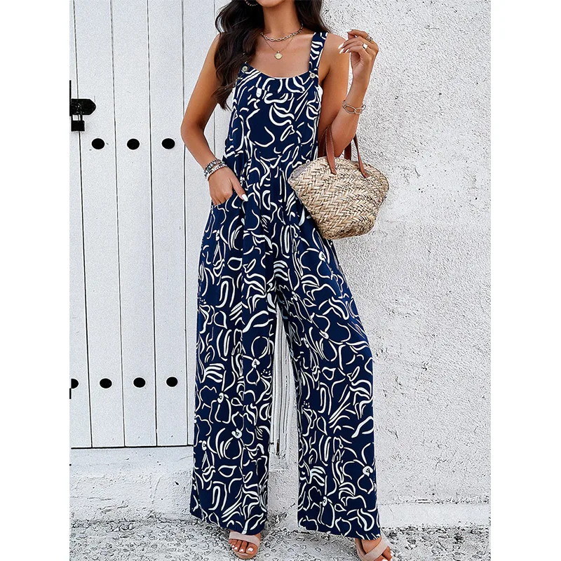 Summer Fashion Loose Casual Printing Jumpers Ladies Sleeveless Streetwear Elegant Rompers Women All-match Playsuits Jumpsuits