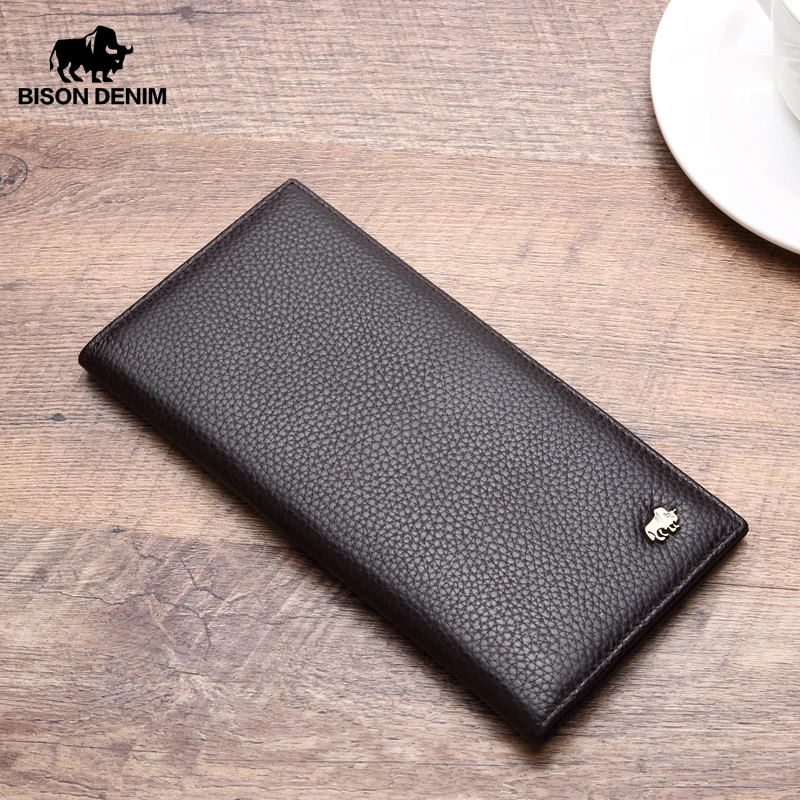 BISON DENIM Genuine Leather Long Wallet Business Men's Soft Thin Wallet Card Holder Luxury Brand Design Handy Male Purse Bag 5