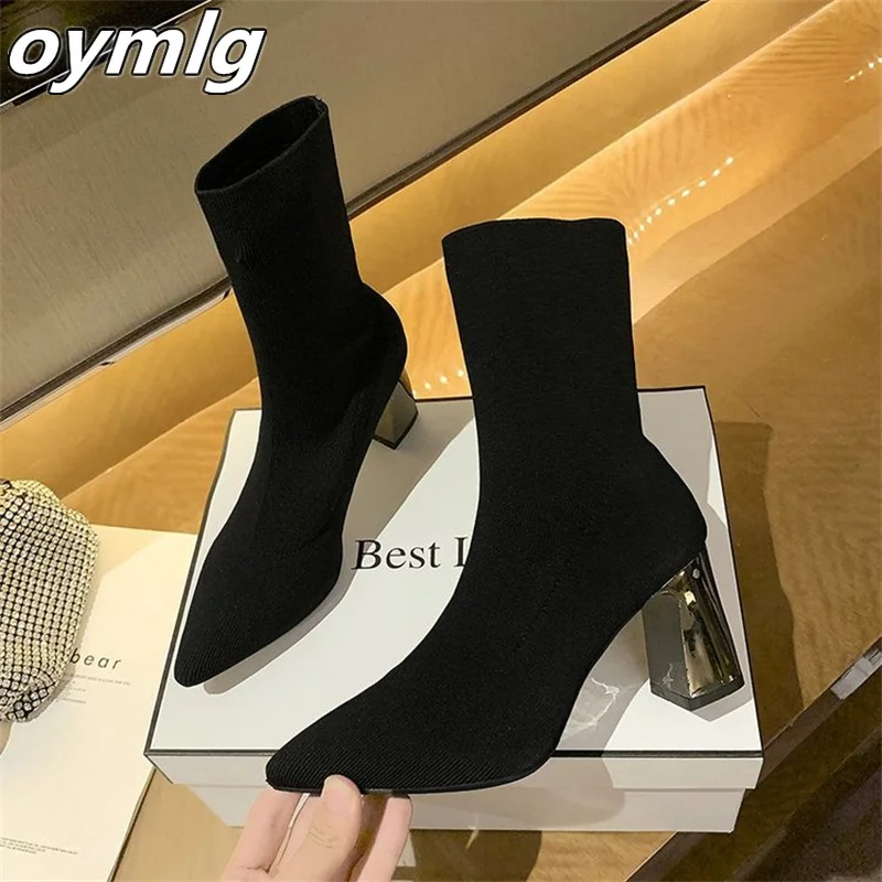 Pointed Thick Heel Short Boots for Women 2023 New Summer High Heel Boots Versatile Knitted Elastic Boots for Women