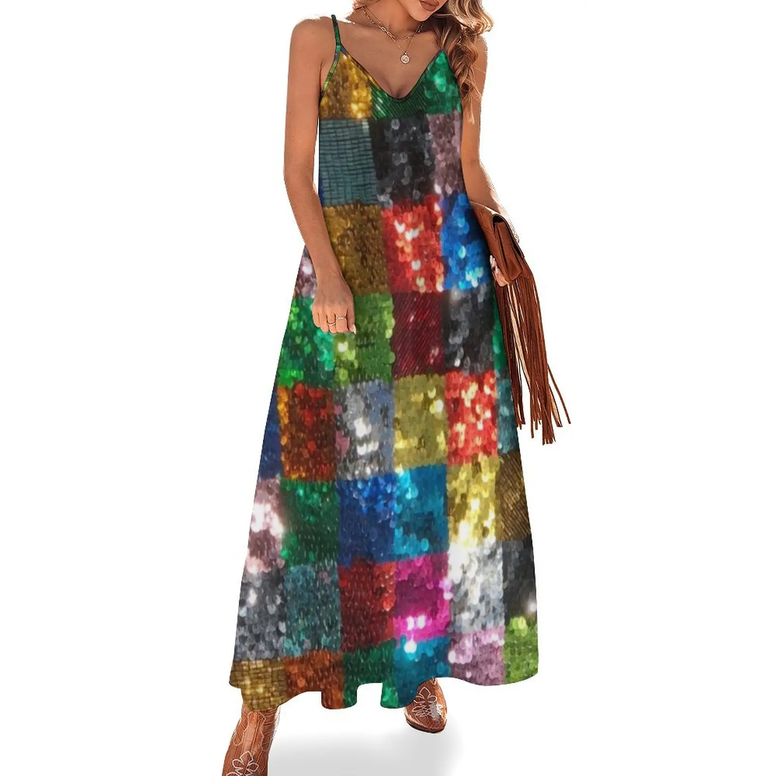 

Sequins disco ball glitter party Patchwork sparkly 70s funky unicorn checkered squares colorful quilt pattern Sleeveless Dress