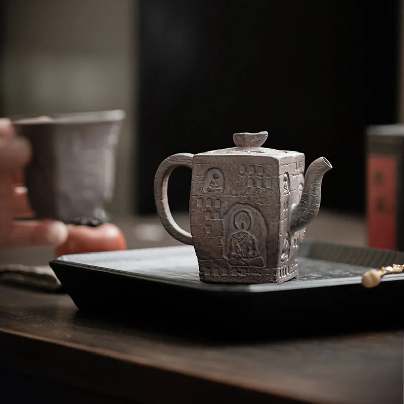 150ml Thousand Buddha Square Teapot Japanese Old Rock Mud Tea Infuser Pot Tea Brewing Kettle With Filter Teaware Collection Gift