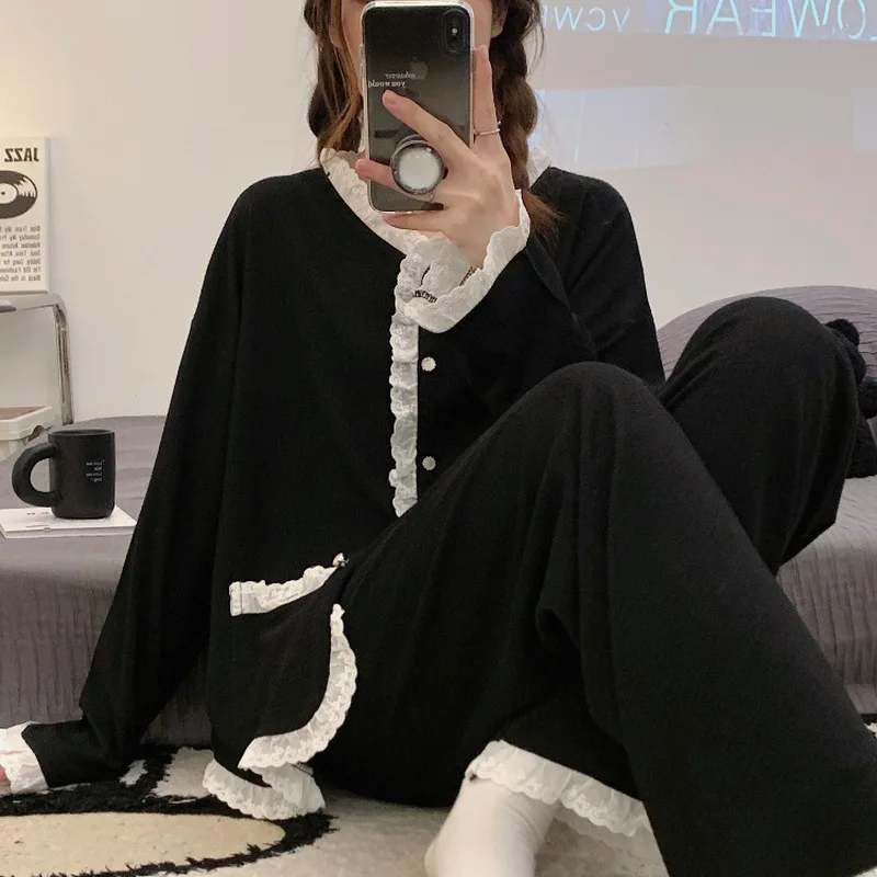 Women 2 Pieces Pajamas Sets 100% Cotton Pijama Print Female Pyjama Sleepwear Long Sleeve Shirt Pants Suit Homewear Loungewear